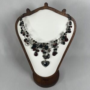 Vintage Heart Pendant‎ Necklace Silver Tone Black Red Clear Glass Bead 17.5"